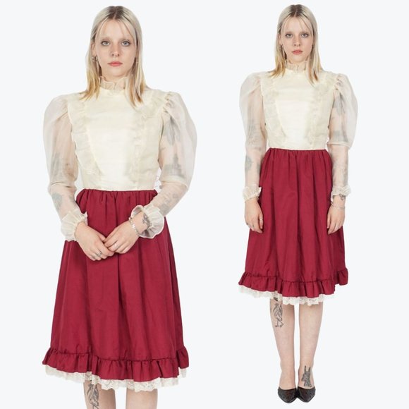 VINTAGE Victorian Burgundy Sheer Puff Sleeve Ruffle Mock Neck Dress - Picture 1 of 3